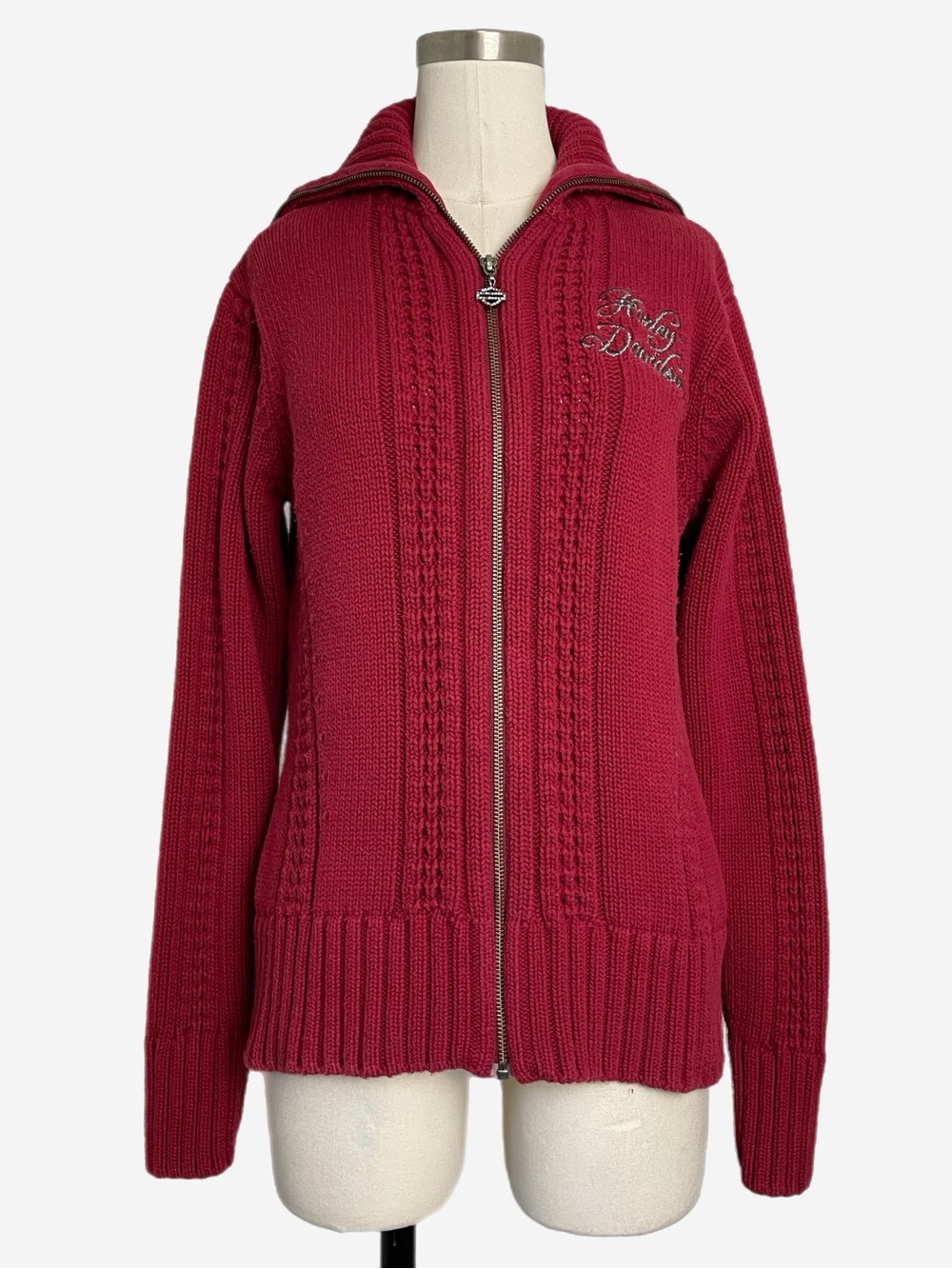 Harley Davidson red burgundy collared cable knit zip embroidered logo sweater L